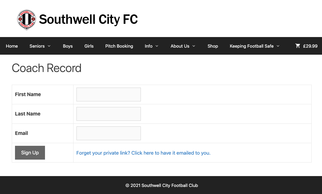 Coach Record Sign Up – Southwell City FC